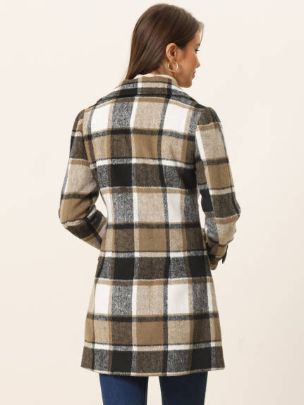 Allegra K- Notched Lapel Double Breasted Plaid Overcoat