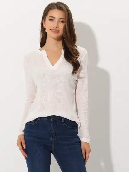 Allegra K - Waffle V Neck Long Sleeve Top