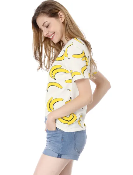 Allegra K- Short Sleeve Pmpkin Banana Print Cute T-Shirt