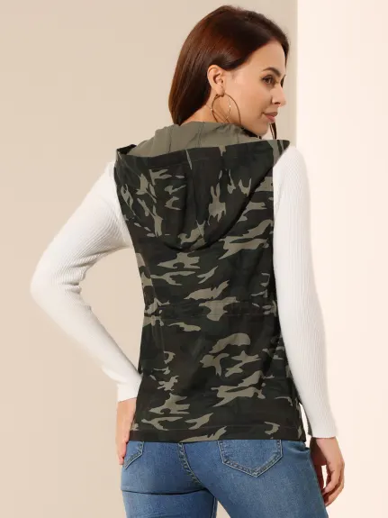 Allegra K- Camo Drawstring Waist Hooded Jacket Cargo Vest
