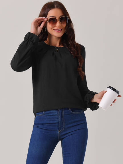 INSPIRE CHIC - Crew Neck Smocked Cuff Long Sleeve Blouse