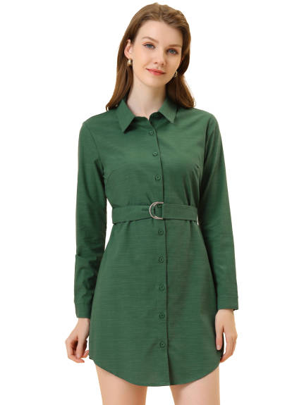 Allegra K- Roll Up Sleeve Belted Collared Shirt Dress