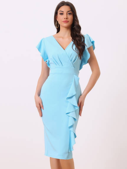 Allegra K- V Neck Ruffle Sleeves Pencil Dress