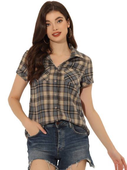 Allegra K- Cotton Short Sleeves Plaid Shirt