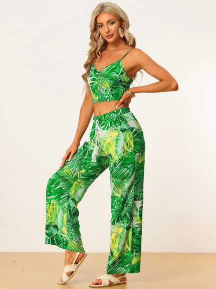 Allegra K- Two Piece Tropical Print Cami Crop Top Elastic Waist Wide Leg Pants Set