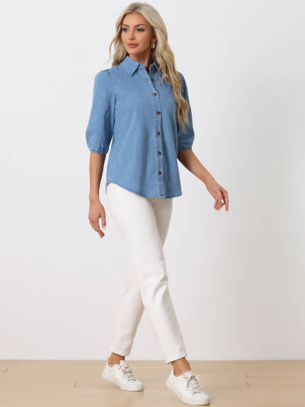 Allegra K- Denim 3/4 Puff Sleeve Collar Shirts