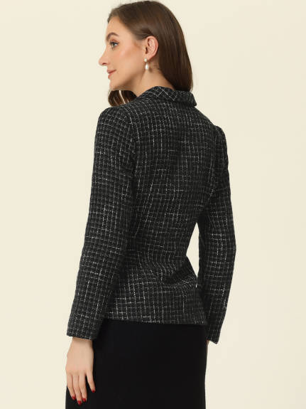 Allegra K - Plaid Double Breasted Work Tweed Jacket