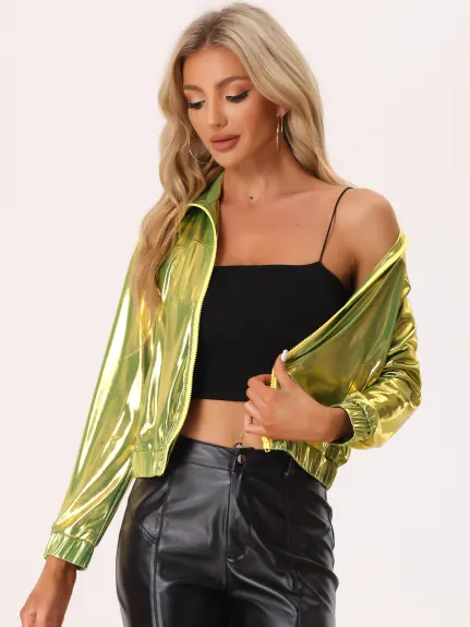 Allegra K- Holographic Lightweight Zipper Jacket