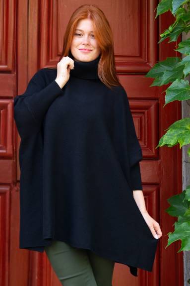 Annick - Olivia Poncho Sweater Knit Turtleneck Black