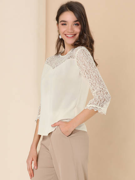 Allegra K - Elegant Lace Sheer 3/4 Sleeve Blouse