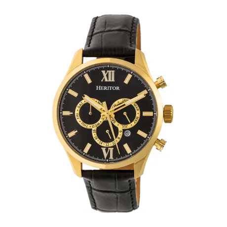 Heritor Automatic - Benedict Leather-Band Watch w/ Day/Date - Gold/Black