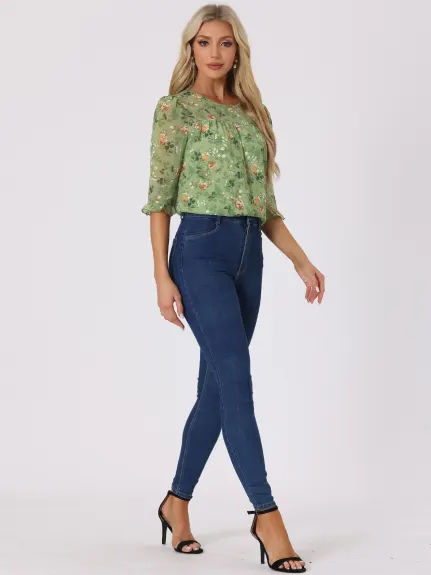 Allegra K- Blouse florale en mousseline à manches 3/4 et à volants