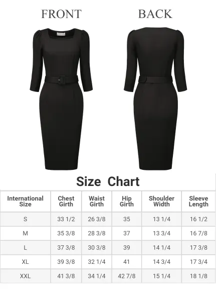 Hobemty- Square Neck Puff Sleeve Belted Pencil Dress