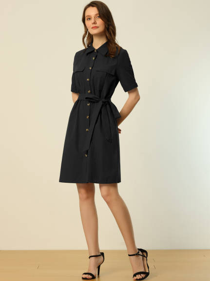 Allegra K- Button Down Safari Pocket Belted Shirt dress