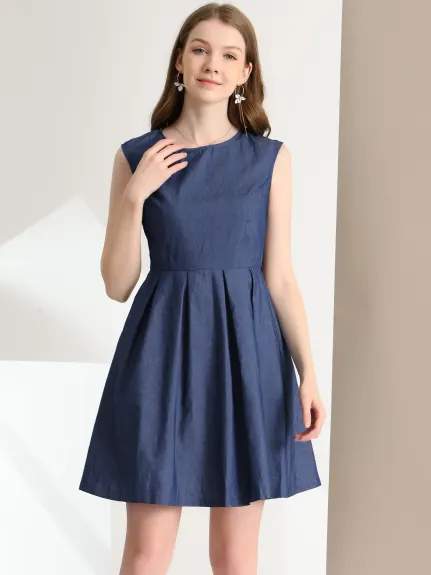 Allegra K- Belted Round Neck Flared Above Knee Chambray Denim Dress