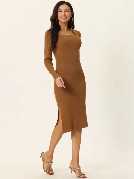 Allegra K- Square Neck Slim Fit Ribbed Knit Bodycon Midi Sweater Dress