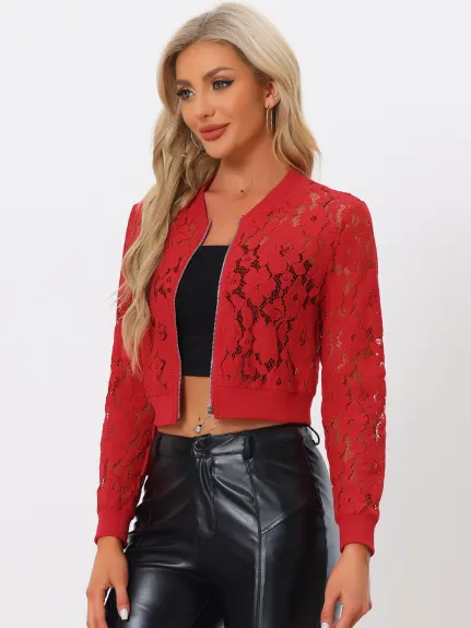 Allegra K- Stand Collar Zip Up Mesh Sheer Lace Bomber Jacket