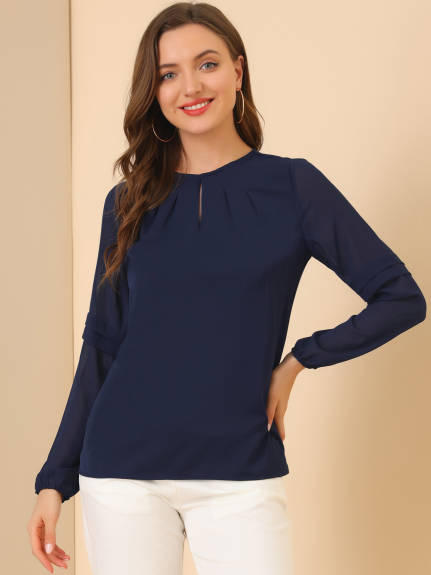 Allegra K- Long Sleeve Keyhole Neck Blouse Tops