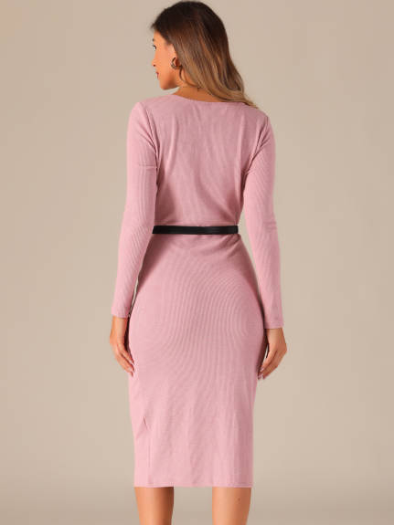 Allegra K - Square Neck Belt Bodycon Long Sleeve Dress