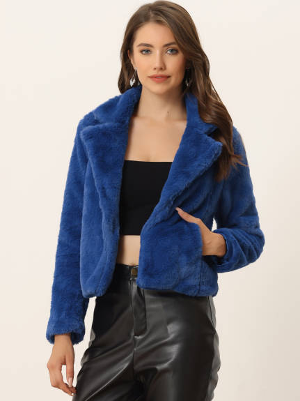 Allegra K- Notch Lapel Faux Fur Fluffy Cropped Coat