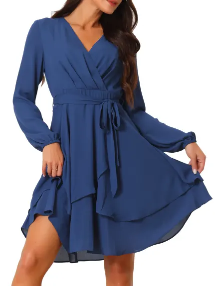 Allegra K- Deep V Neck Wrap Long Sleeve Belted Mini Skating Flowy Dress