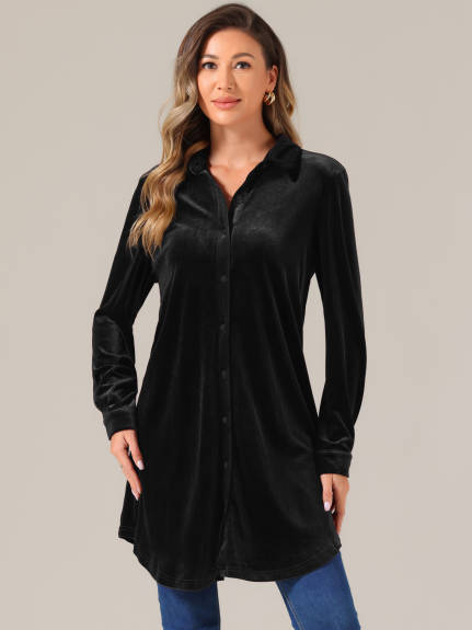 Allegra K - Button Down Long Sleeve Velvet Tunic Shirt