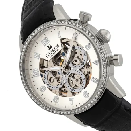 Empress - Beatrice Automatic Skeleton Dial Leather-Band Watch w/Day/Date - Silver