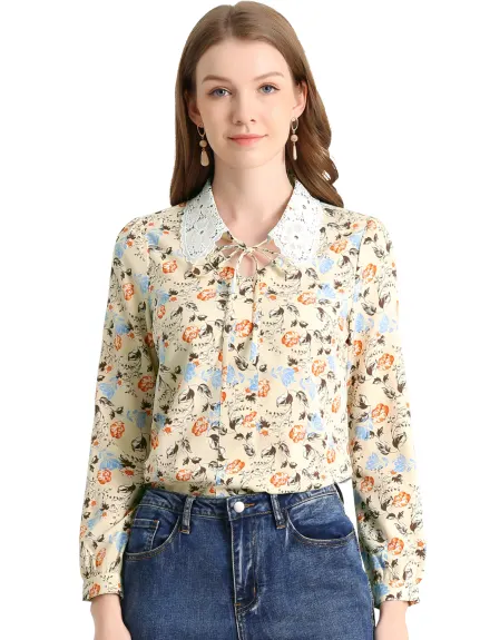 Allegra K - Contrast Lace Collar Floral Long Sleeve Blouse