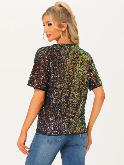 Allegra K- Round Neck Short Sleeve Sequin Top