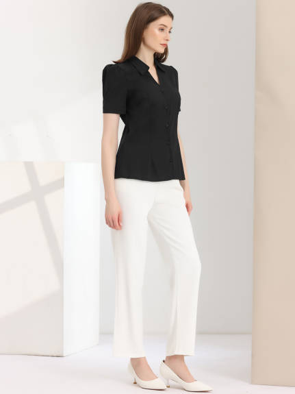 Allegra K- Split V Neck Collar Button Down Shirt