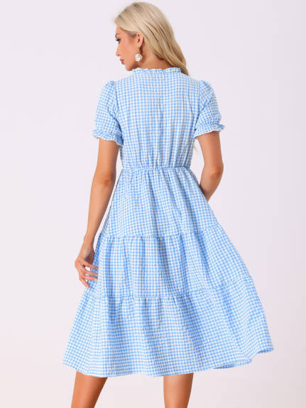 Allegra K- Gingham Ruffle Trim V Neck Button Dress