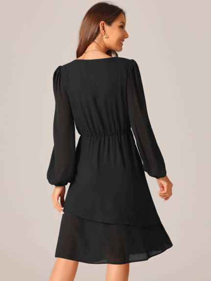 Allegra K - Long Sleeve Layered Swing Midi Dress