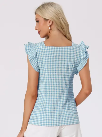 Allegra K - Summer Ruffle Sleeve Gingham Top