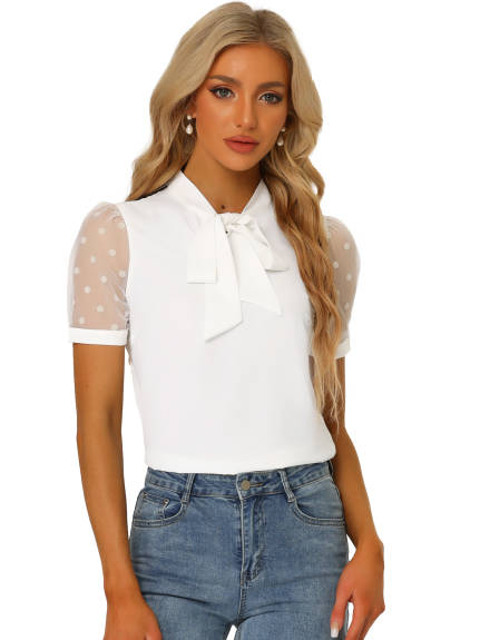 Allegra K- Bow Tie Neck Short Mesh Sleeve Blouse