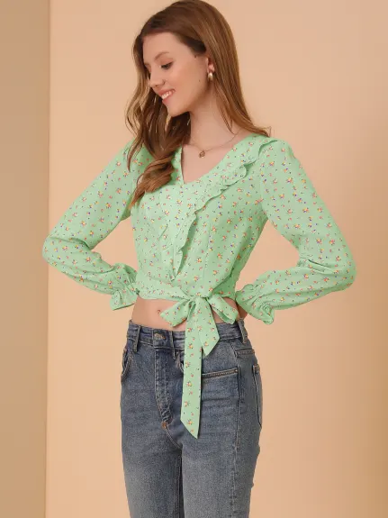 Allegra K - Bow Tie Long Sleeve Floral Ruffle Crop Top