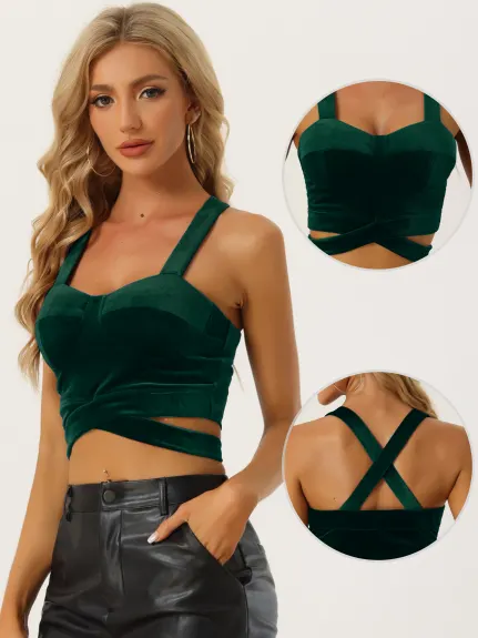 Allegra K- Velvet Cami Spaghetti Strap Deep V Crop Top