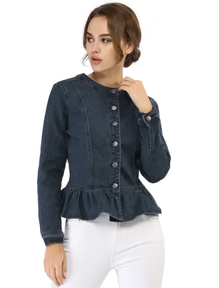 Allegra K - Veste en jean délavée courte à ourlet volanté