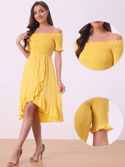 Allegra K - Off Shoulder Ruffle Hem Smocked Dress