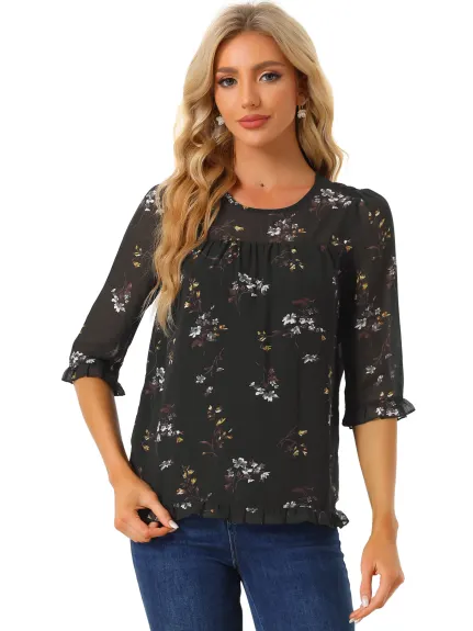 Allegra K- Floral Ruffled 3/4 Sleeve Chiffon Blouse