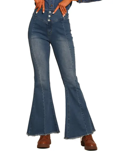 Allegra K- Bell Bottom Jeans Pantalon en denim évasé classique taille haute