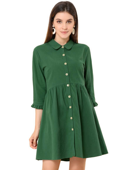 Allegra K- 3/4 Sleeve Button Up Flare Shirt Dress