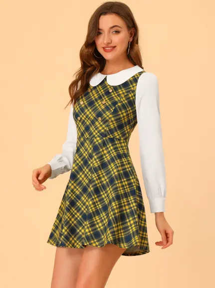 Allegra K- Plaid Peter Pan Collar Mini robe trapèze à manches longues