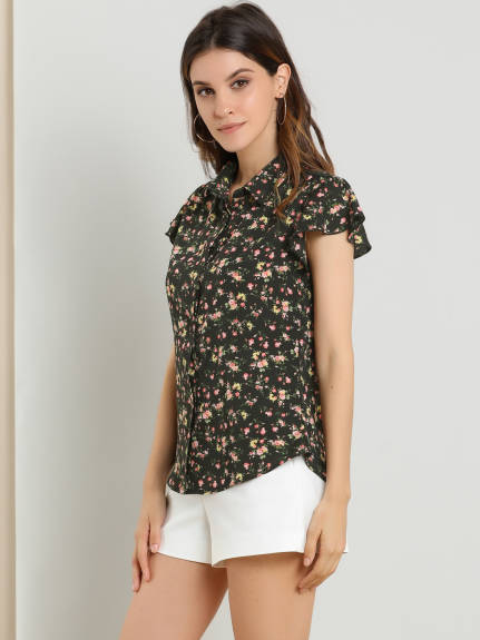 Allegra K - Summer Flare Sleeve Floral Collared Shirt