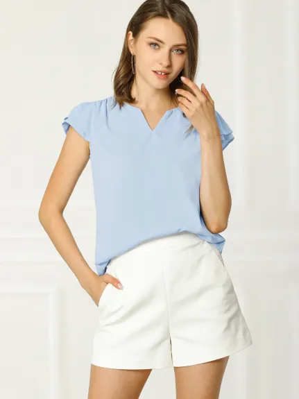 Allegra K- Solid V-Neck Short Sleeve Work Blouse