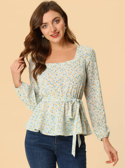 Allegra K - Fall Square Neck Belted Peplum Floral Blouse