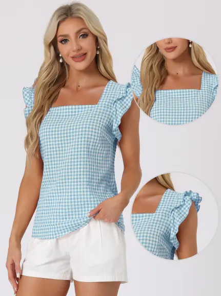 Allegra K - Summer Ruffle Sleeve Gingham Top