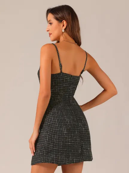 Allegra K- Plaid Button Spaghetti Strap Tweed Dress