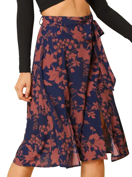 Allegra K- Slit Floral Belted A-Line Midi Skirt