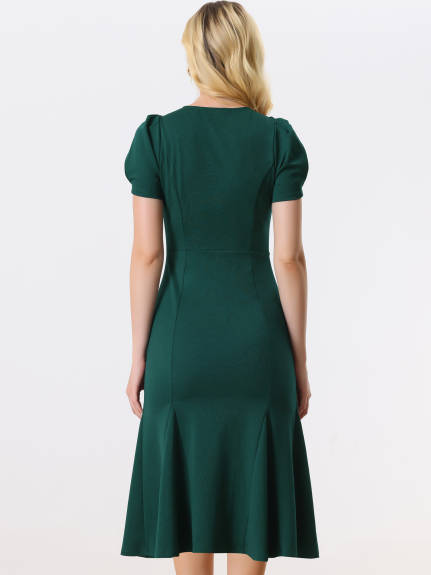 Allegra K- V-Neck Puff Sleeve Elegant Mermaid Midi Dress