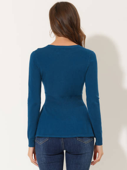 Allegra K- V-Neck Ribbed Pullover Knitted Peplum Sweater